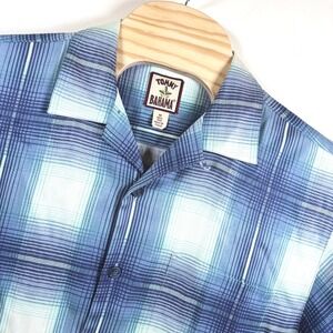 Tommy Bahama Silk Plaid Camp Shirt Men‎ Medium Blue Green Short Sleeve Retro EUC
